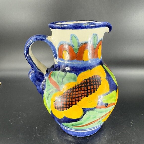 Mexico Art Pottery Talavera Pitcher Carafe Multicolor Frutal Decor Hand Made VTG - Picture 13 of 16